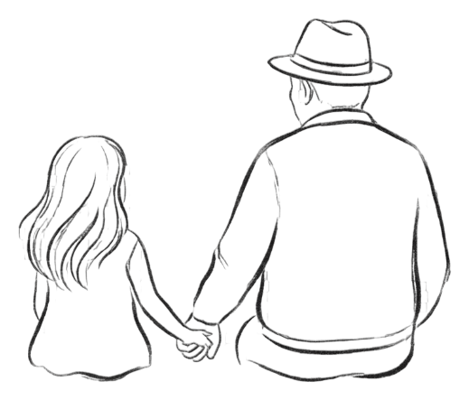 Ilustración de la fundadora de niña con su abuelo